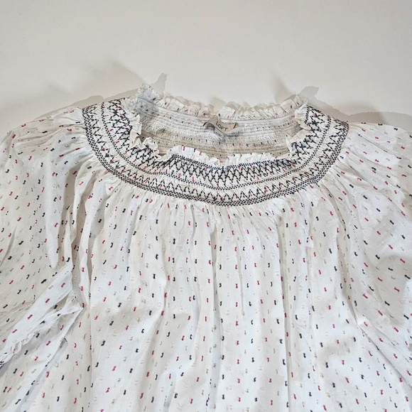 LOFT Blouse Womens XL Smocked Neck Puff Sleeve Embroidered Peasant Boho Top - Picture 3 of 7